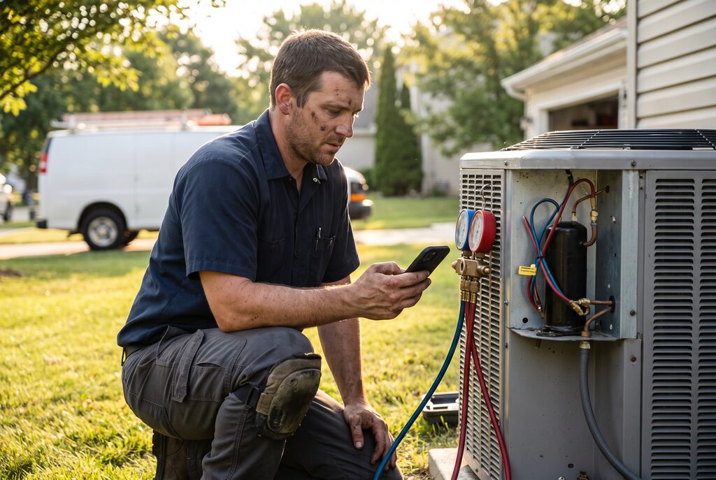 HVAC technician kneeling beside an outdoor air conditioner with refrigerant gauges connected to it